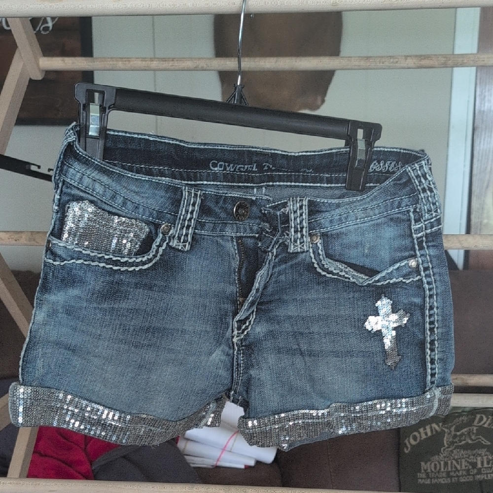 Cowgirl Tuff Blue Jean Shorts with Rhinestone Embellishments